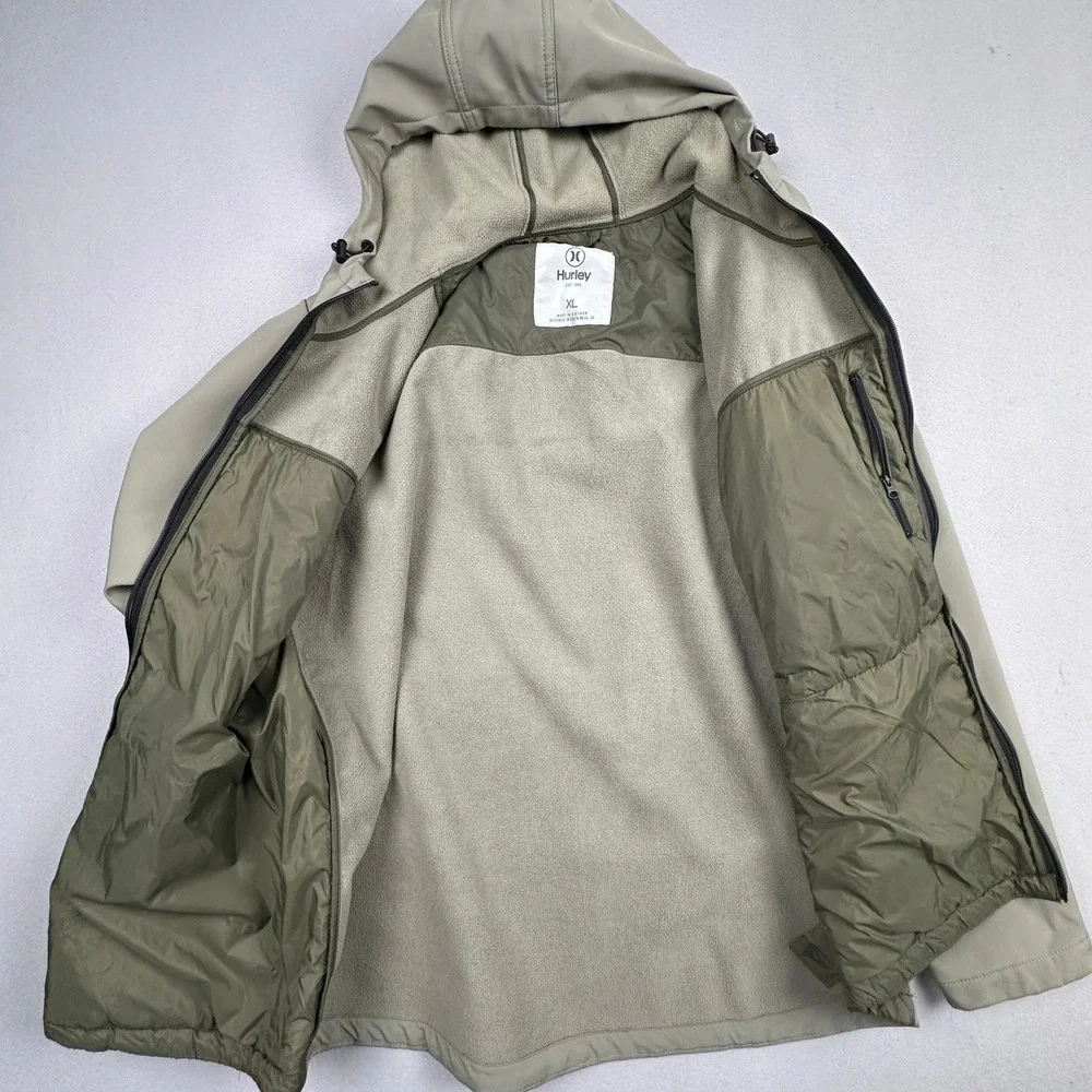 Hurley Softshell Fleece Lined Hooded Jacket Mens XL Olive Green Full Zip